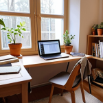 **

A cozy, well-lit study room in a Swedish home. A wooden desk with a laptop, a notebook, and a few pens. A comfortable chair with a blanket draped over it. Potted plants on the windowsill and a bookshelf in the background. Soft ambient lighting creates a calm and focused atmosphere. Emphasis on organization and minimizing distractions, capturing the essence of creating a motivating study environment.

**