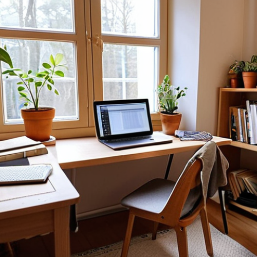 Home 22 **
A cozy, well-lit study room in a Swedish home. A wooden desk with a laptop, a notebook, and a few pens. A comfortable chair with a blanket draped over it. Potted plants on the windowsill and a bookshelf in the background. Soft ambient lighting creates a calm and focused atmosphere. Emphasis on organization and minimizing distractions, capturing the essence of creating a motivating study environment.
**