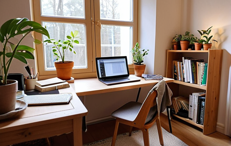 **
A cozy, well-lit study room in a Swedish home. A wooden desk with a laptop, a notebook, and a few pens. A comfortable chair with a blanket draped over it. Potted plants on the windowsill and a bookshelf in the background. Soft ambient lighting creates a calm and focused atmosphere. Emphasis on organization and minimizing distractions, capturing the essence of creating a motivating study environment.
**