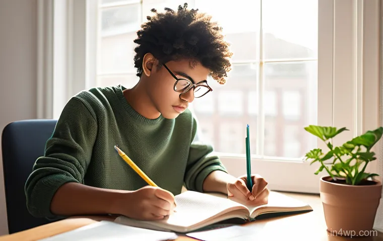 상황에 맞는 학습 루틴 조정하기 - **Prompt:** A young person, around 16-20 years old, sitting comfortably at a minimalist and brightly...