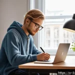 학습 루틴을 통해 얻을 수 있는 이점 - A cozy Scandinavian study room bathed in soft natural morning light, featuring a young adult studyin...