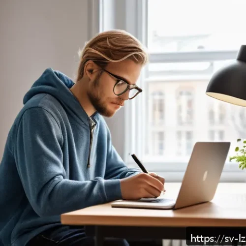 학습 루틴을 통해 얻을 수 있는 이점 - A cozy Scandinavian study room bathed in soft natural morning light, featuring a young adult studyin...