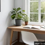 Home 21 학습 루틴의 개인화 전략 - A serene and organized study nook in a typical Swedish home, featuring a minimalist wooden desk by a...