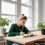 Home 18 학습 목표 설정 및 유지 방법 - A focused Swedish young adult woman sitting at a tidy wooden desk in a bright Scandinavian-style apa...