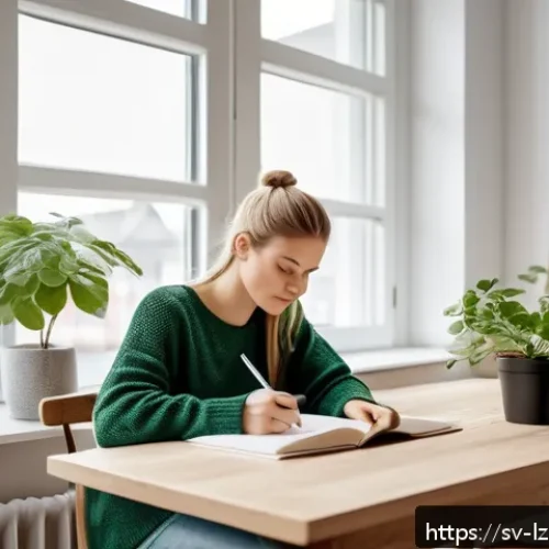 Home 30 학습 목표 설정 및 유지 방법 - A focused Swedish young adult woman sitting at a tidy wooden desk in a bright Scandinavian-style apa...