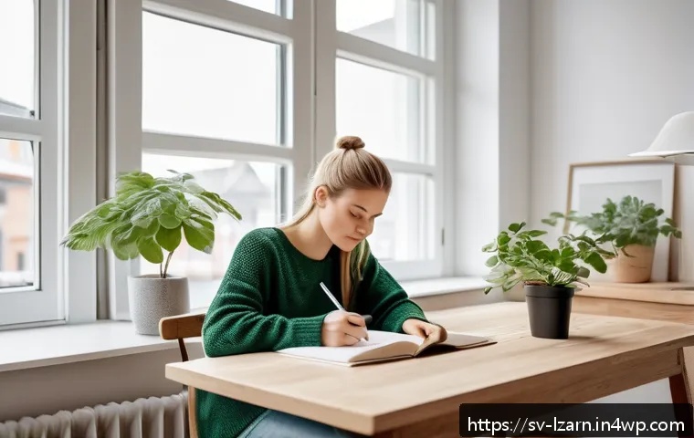 학습 목표 설정 및 유지 방법 - A focused Swedish young adult woman sitting at a tidy wooden desk in a bright Scandinavian-style apa...