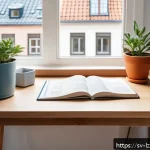 Home 23 학습 루틴의 성공적인 실행을 위한 계획 - A cozy Scandinavian study nook bathed in soft morning light, featuring a minimalist wooden desk with...
